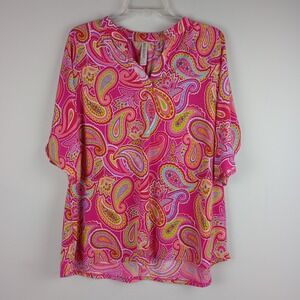 Dear Scarlett Womens L Pink Paisley Short Sleeve Casual Summer Lizbreeze Blouse